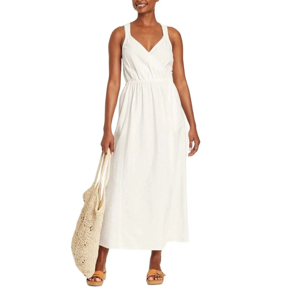 NEW Universal Thread Linen Rayon Cross Back Maxi Dress Summer Smocked White Sz S - Picture 2 of 10